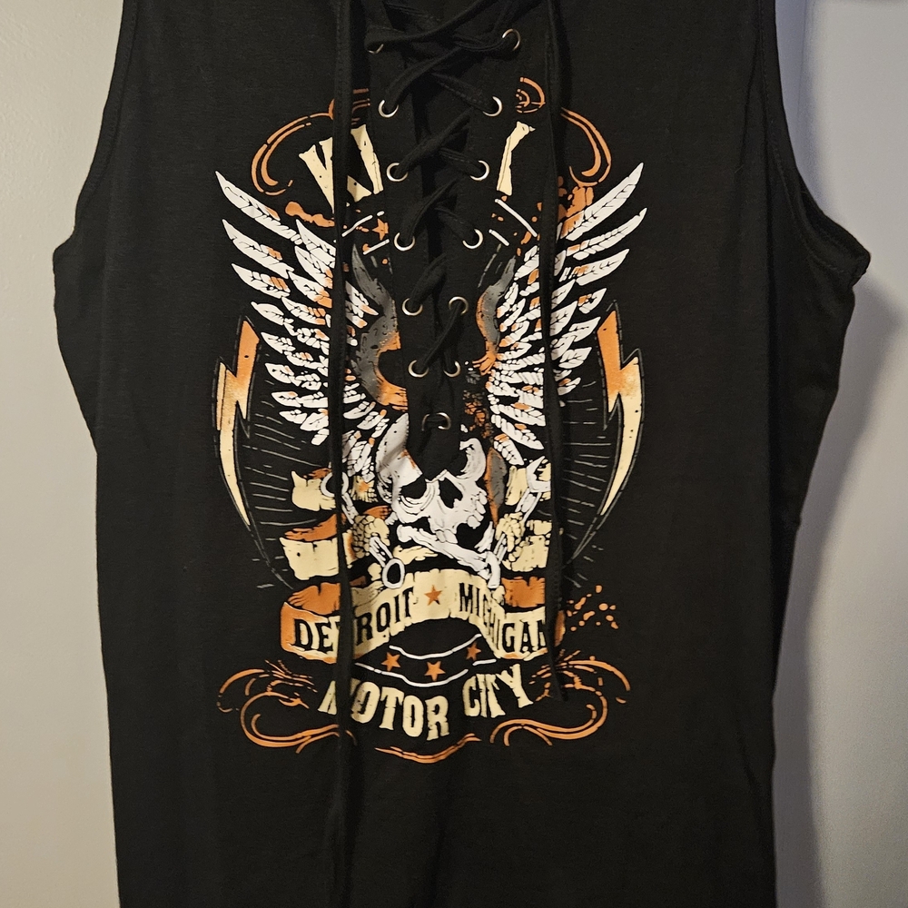 Black Lace-Up Graphic Tank Top